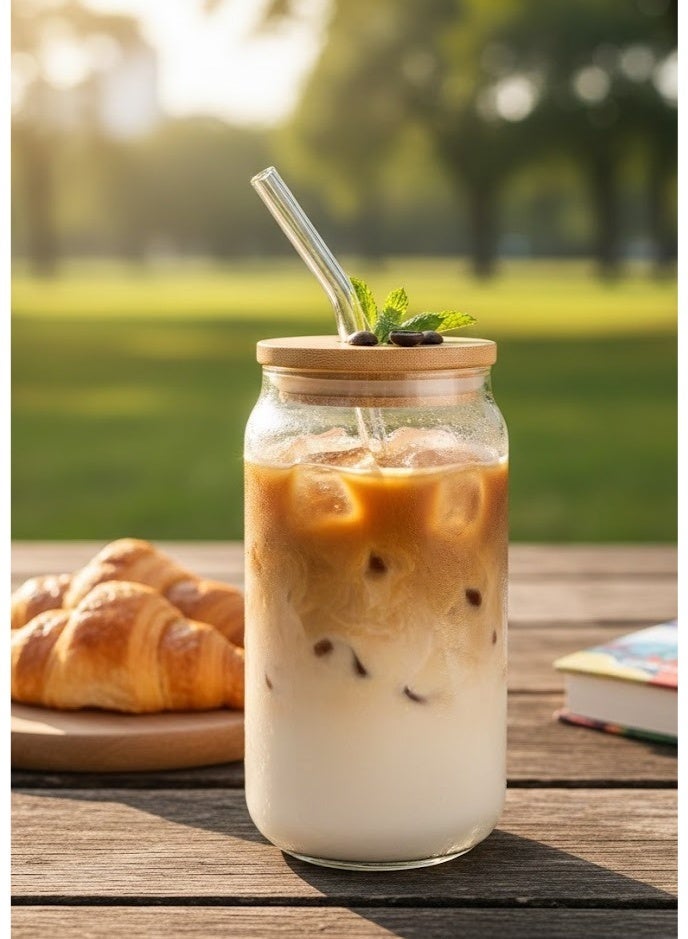 Transparent Pyrex thermal mug with bamboo lid + straw. Glass for hot and cold drinks, cocktails, tea, coffee, and iced juice - 600 ml - Image 1